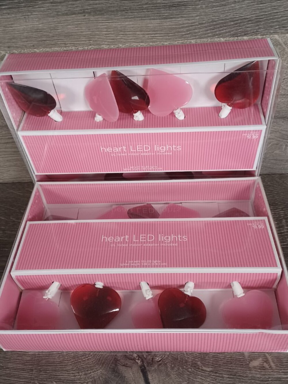 New Open Box Lot of 2 String Valentine's Day Light's 10 Red/Pink Hearts Plug In